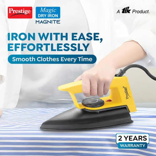 Prestige Magic Magnite 750W Dry Iron|Greblon Non-Stick Coated Sole Plate|Wide Range Of Fabric Interface |Light Weight |Neon Indicator Light|2 Years Warranty |Yellow & Black