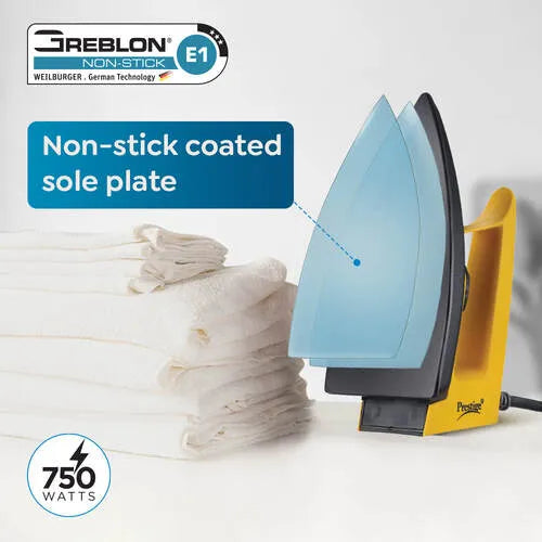 Prestige Magic Magnite 750W Dry Iron|Greblon Non-Stick Coated Sole Plate|Wide Range Of Fabric Interface |Light Weight |Neon Indicator Light|2 Years Warranty |Yellow & Black