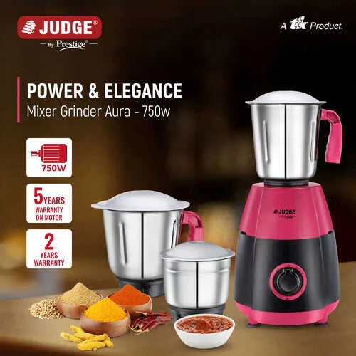 Judge By Prestige 750 Watts Aura Mixer Grinder with 3 Stainless Steel Jars|