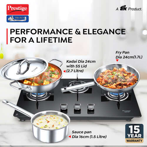 Prestige Tri-Ply Stainless Steel 3 Piece BYK Cookware Set| Fry Pan 24cm (1.7L), Kadai 24cm (2.7L) with SS Lid, Sauce Pan 16cm (1.5L)| Even Heat Distribution| Gas and Induction Compatible