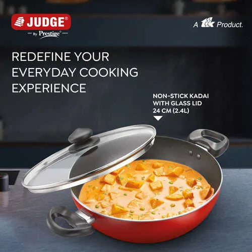 Judge by Prestige Deluxe Non-Stick Kadai with Glass Lid | 3 Layers Coating | Gas & Induction Compatible |Metal Spoon Friendly