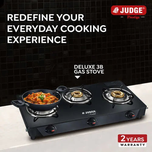 Judge by Prestige 3 Burner Deluxe Glasstop Gas Stove | High-efficiency Tri-pin Brass Burners | Spill Proof Design | 2 years Warranty