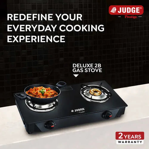 Judge by Prestige 2 Burner Deluxe Glasstop Gas Stove | High-efficiency Tri-pin Brass Burners | Spill Proof Design | 2 years Warranty