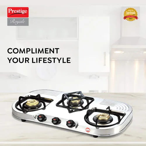 Prestige Royale DGS-03L Manual Stainless steel 3 Burners Gas Stove, Silver