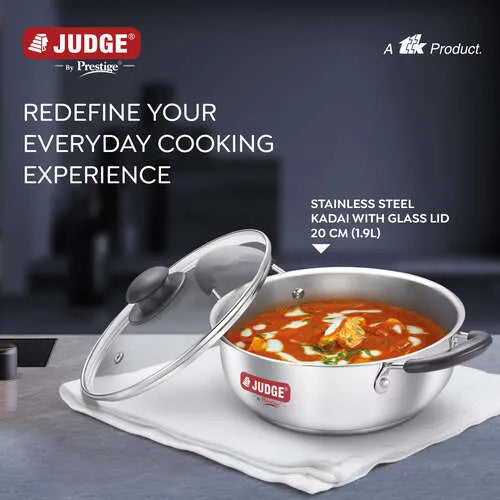 Judge by Prestige Classic Stainless Steel Kadhai with Lid |Gas and Induction Compatible|Glass Lid for Convenience