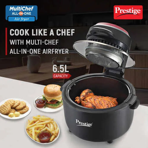 Prestige Multi-Chef All-in-One Air Fryer |80% less Oil Consumption|6.5L Capacity |1200 Watts Power |Airfry, Oven, Toast, Grill |See Through Lid |Advance Digital Display |Even Heat Distribution |Black