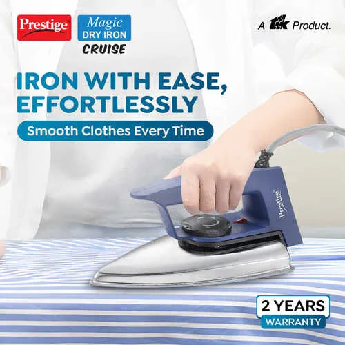 Prestige Magic Cruise 600W Dry Iron |Greblon Non-Stick Coated Sole Plate |Wide Range Of Fabric Interface |Light Weight |Neon Indicator Light|2 Year Warranty |Blue & Silver