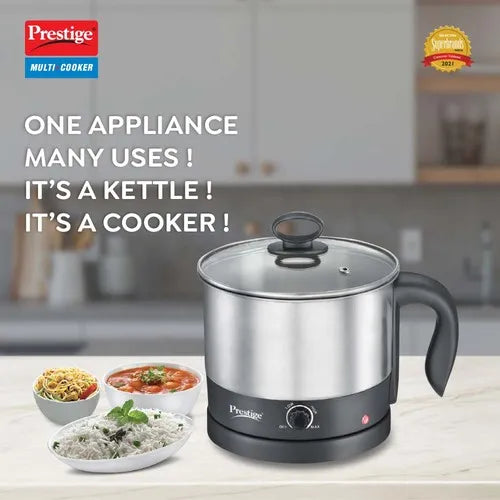 Prestige 1L PMC 1.0 Plus Multi Kettle / Multi Cooker| Glass Lid with Stainless Steel rim |Temperature Control |Power Indictor (Silver, Black)