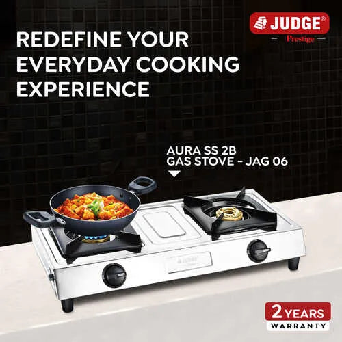Judge by Prestige 2 Burner Aura Stainless Steel Gas Stove (JAG 06) | High-efficiency Brass Burners | Spill Proof Design | 2 years Warranty