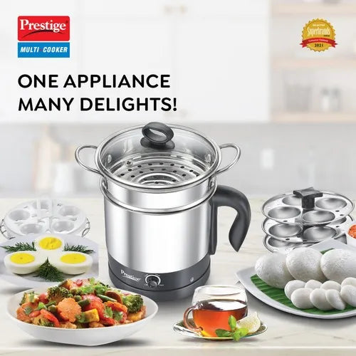Prestige 1.5L PMC 3.0 Plus Multi Kettle / Multi Cooker|Comes with Idli stand, egg boiling rack & Steamer| Glass Lid with Stainless Steel rim |Temperature Control |Power Indictor (Silver, Black)