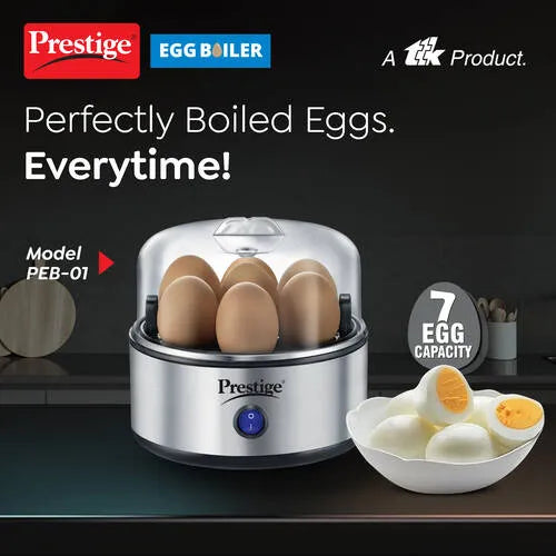 Prestige PEB 01 Egg Boiler (7 Egg Capacity)| 3 Boiling Modes| Auto- Switch Off| Stainless Steel Body |One Touch Operation| Customizable Boiling Level| Measuring Cup Inside| 7 Eggs at a Time |Silver