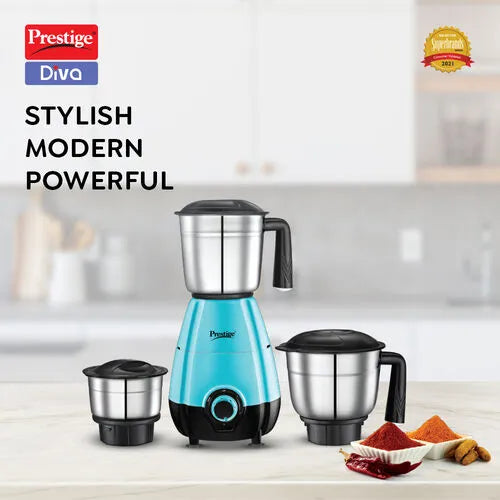 Prestige 500 Watts Diva Mixer Grinder with 3 Stainless Steel Jars| Ergonomic Design| Sturdy Handles| Teal Blue & Black