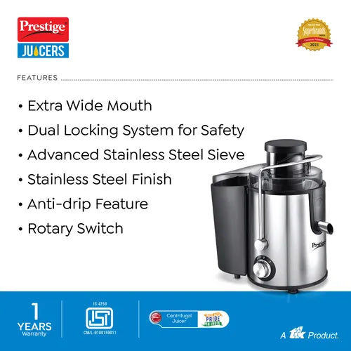 Prestige PCJ 7.0 Stainless Steel Centrifugal Juicer 500 W (Silver, Black)