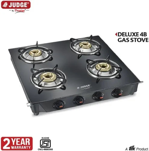 Judge by Prestige Deluxe 4B Toughened Black Glass Top Gas Stove 4 Brass Burners | Manual | Ergonomic Knob Design | Spill Proof Design|2Years Warranty | Black