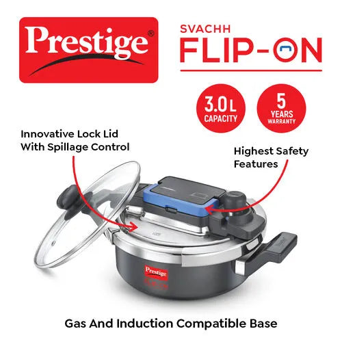 Prestige Svachh Flip-on Hard Anodised Gas and Induction Compatible Pressure Cooker with Glass Lid, (Black)