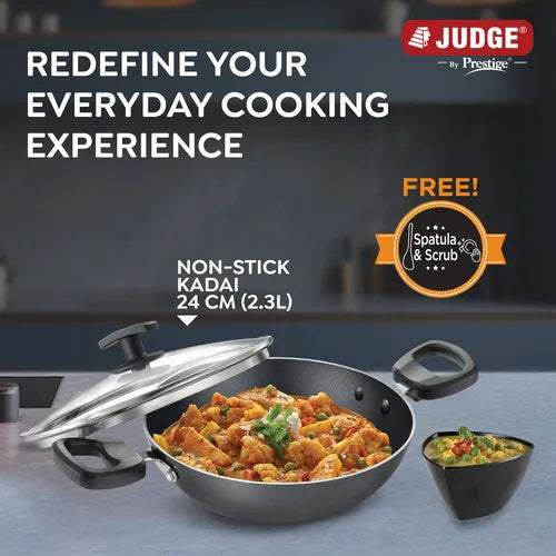 Judge by Prestige Everyday Non-Stick Kadhai with Glass lid | Low Oil Cooking | Easy to Clean | Cool Touch Handles