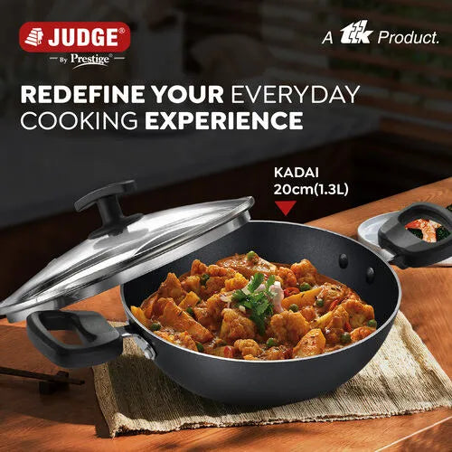 Judge by Prestige 20cm (1.3L) Everyday Non-Stick Kadhai with Glass lid | Low Oil Cooking | Easy to Clean | Cool Touch Handles