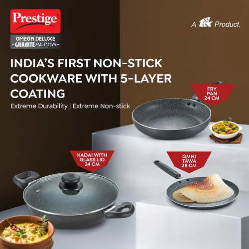 Prestige Omega Deluxe Granite Alpha 3 Piece BYK Non-Stick Cookware Set| Kadai 24cm with Glass Lid, Omni Tawa 28cm and Fry Pan 24cm| Gas and Induction Compatible| 5 Layer Non-Stick Coating