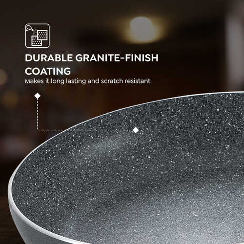 Prestige Omega Deluxe Granite Alpha 3 Piece BYK Non-Stick Cookware Set| Kadai 24cm with Glass Lid, Omni Tawa 28cm and Fry Pan 24cm| Gas and Induction Compatible| 5 Layer Non-Stick Coating