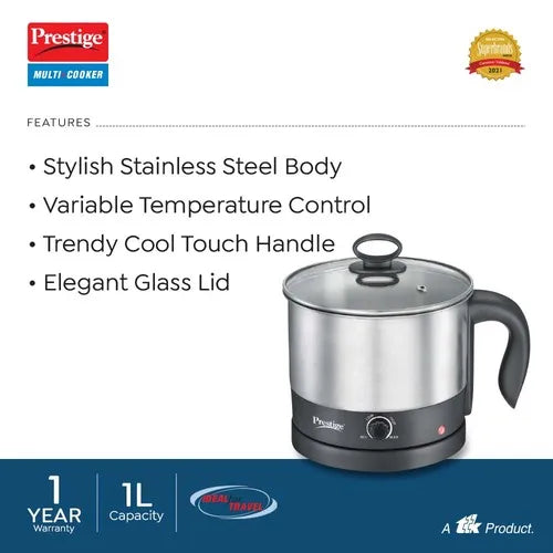 Prestige 1L PMC 1.0 Plus Multi Kettle / Multi Cooker| Glass Lid with Stainless Steel rim |Temperature Control |Power Indictor (Silver, Black)