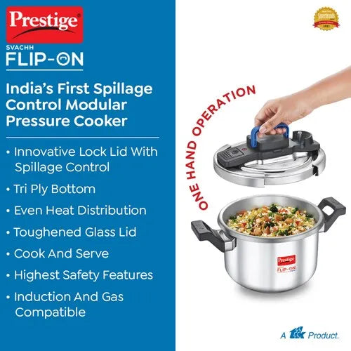 Prestige Svachh Flip-on Stainless Steel Spillage Control Pressure Cooker with Glass Lid, (Silver)