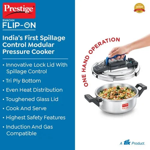 Prestige Svachh Flip-on Stainless Steel Spillage Control Pressure Cooker with Glass Lid, (Silver)