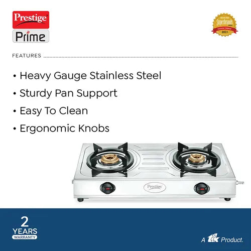 PRESTIGE PRIME LP GAS STOVE (STAINLESS STEEL BODY AND 2 BRASS BURNERS)