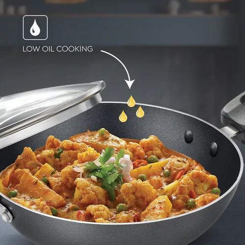 Judge by Prestige Everyday Non-Stick Kadhai with Glass lid | Low Oil Cooking | Easy to Clean | Cool Touch Handles
