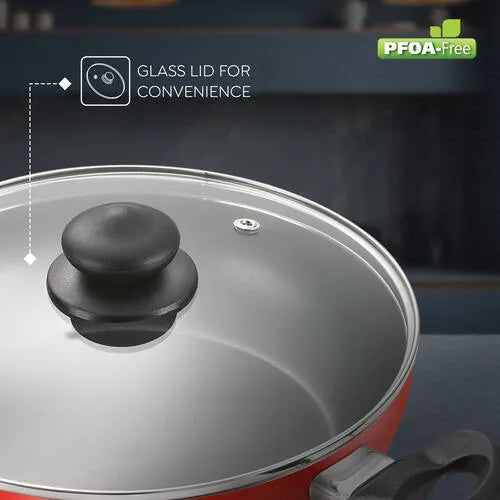 Judge by Prestige Deluxe Non-Stick Kadai with Glass Lid | 3 Layers Coating | Gas & Induction Compatible |Metal Spoon Friendly