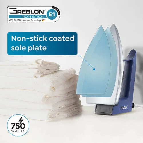 Prestige Magic Cruise 600W Dry Iron |Greblon Non-Stick Coated Sole Plate |Wide Range Of Fabric Interface |Light Weight |Neon Indicator Light|2 Year Warranty |Blue & Silver