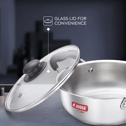 Judge by Prestige Classic Stainless Steel Kadhai with Lid |Gas and Induction Compatible|Glass Lid for Convenience