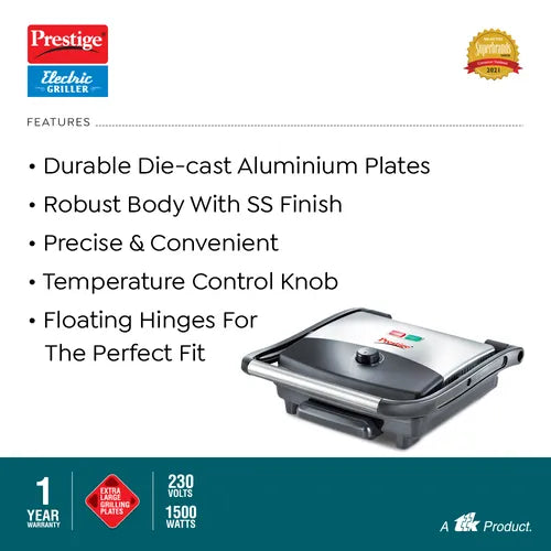 Prestige PEG 1.0 Electric Grill 1500 W with Detachable Oil Collector (Silver and Black)