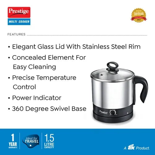 Prestige 1.5L PMC 3.0 Plus Multi Kettle / Multi Cooker|Comes with Idli stand, egg boiling rack & Steamer| Glass Lid with Stainless Steel rim |Temperature Control |Power Indictor (Silver, Black)