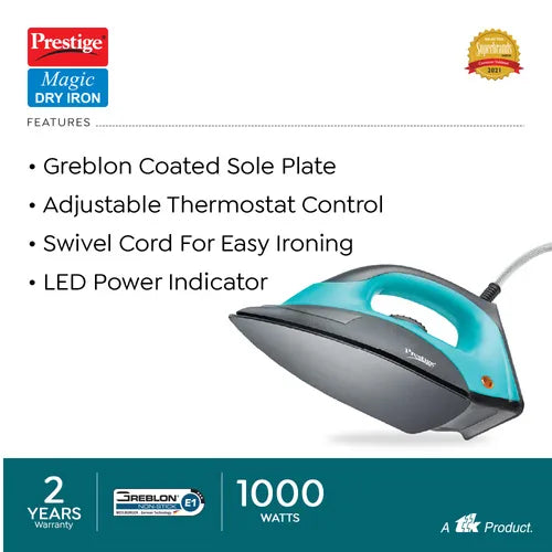 Prestige PDI 07 Magic Dry Iron 1000W with Greblon Coated Sole Plate (Blue, Black)