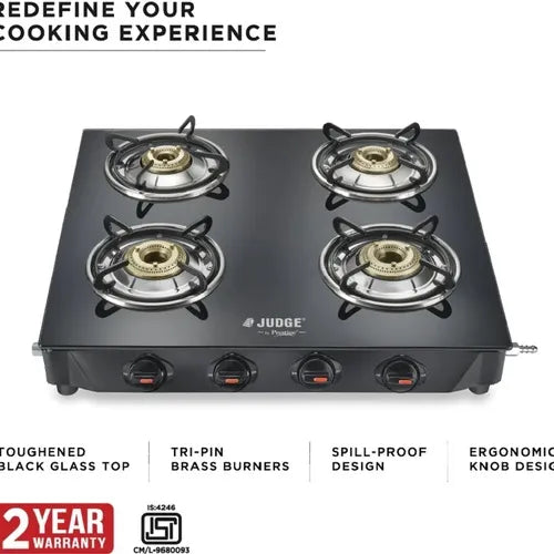 Judge by Prestige Deluxe 4B Toughened Black Glass Top Gas Stove 4 Brass Burners | Manual | Ergonomic Knob Design | Spill Proof Design|2Years Warranty | Black