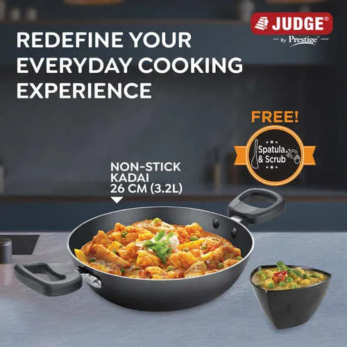 Judge by Prestige Everyday Non-Stick Kadhai | Low Oil Cooking | Easy to Clean | Cool Touch Handles