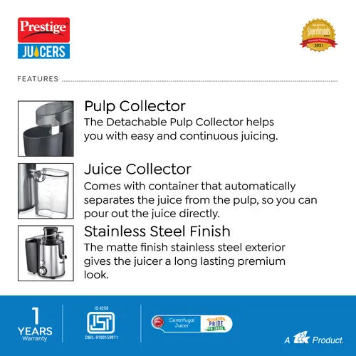 Prestige PCJ 7.0 Stainless Steel Centrifugal Juicer 500 W (Silver, Black)