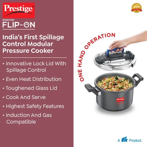 Prestige Svachh Flip-on Hard Anodised Gas and Induction Compatible Pressure Cooker with Glass Lid, (Black)