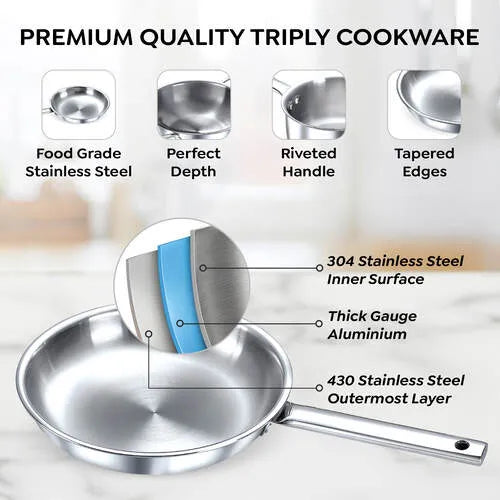 Prestige Tri-Ply Stainless Steel 3 Piece BYK Cookware Set| Fry Pan 24cm (1.7L), Kadai 24cm (2.7L) with SS Lid, Sauce Pan 16cm (1.5L)| Even Heat Distribution| Gas and Induction Compatible