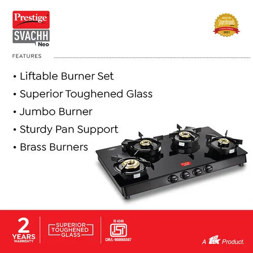 Prestige Svachh Neo Toughened Glasstop Liftable Burners Gas Stove (Black)