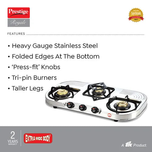 Prestige Royale DGS-03L Manual Stainless steel 3 Burners Gas Stove, Silver
