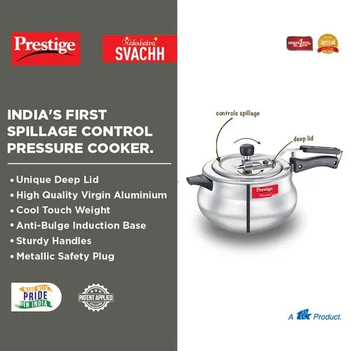 Prestige Nakshatra Plus Svachh Aluminium Spillage Control Handi Pressure Cooker (Silver)
