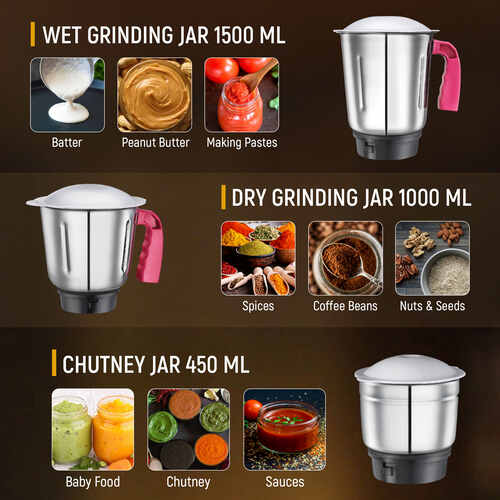 Judge By Prestige 750 Watts Aura Mixer Grinder with 3 Stainless Steel Jars|