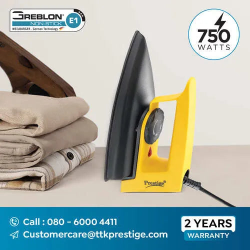 Prestige Magic Magnite 750W Dry Iron|Greblon Non-Stick Coated Sole Plate|Wide Range Of Fabric Interface |Light Weight |Neon Indicator Light|2 Years Warranty |Yellow & Black