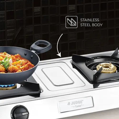 Judge by Prestige 2 Burner Aura Stainless Steel Gas Stove (JAG 06) | High-efficiency Brass Burners | Spill Proof Design | 2 years Warranty