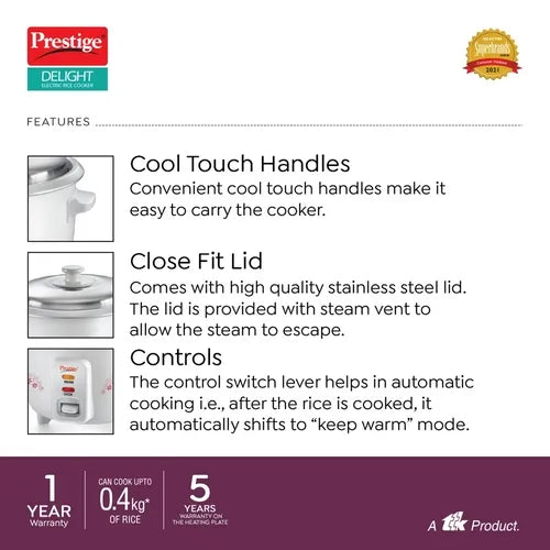 Prestige Delight PRWO Rice Cooker 1.0 L with Close Fit Lid (Off-white)