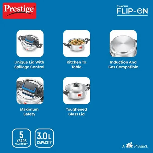 Prestige Svachh Flip-on Stainless Steel Spillage Control Pressure Cooker with Glass Lid, (Silver)
