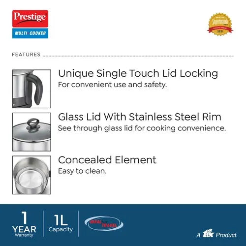Prestige 1L PMC 1.0 Plus Multi Kettle / Multi Cooker| Glass Lid with Stainless Steel rim |Temperature Control |Power Indictor (Silver, Black)