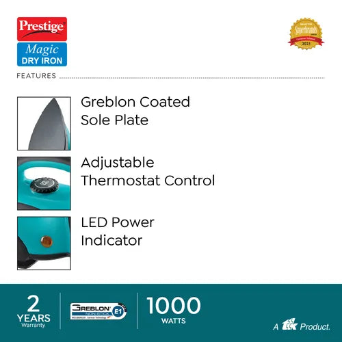 Prestige PDI 07 Magic Dry Iron 1000W with Greblon Coated Sole Plate (Blue, Black)