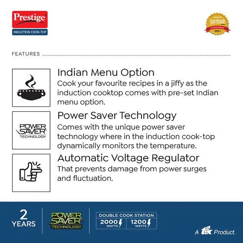 Prestige Double Induction Cooktop PDIC 3.0 - 2000 Watts | Indian Menu Option | 1 year Warranty